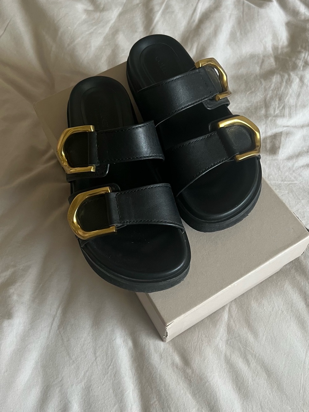 Charles & Keith Black Slide Sandals with Gold Buckles